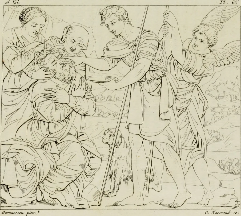 An illustration from Annales du musée et de l'école moderne des beaux-arts : recueil de gravures au trait, d'après les principaux ouvrages de peinture, sculpture, ou projets d'architecture, qui, chaque année, ont remporté le prix, soit aux écoles spéciales, soit aux concours nationaux : les productions des artistes en tous genres, qui, aux différentes expositions, ont été citées avec éloges : les morceaux les plus estimés ou inédits de la galerie de peinture : la suite complète de celle des antiques : édifices anciens et modernes, etc., 1800, leaf 253