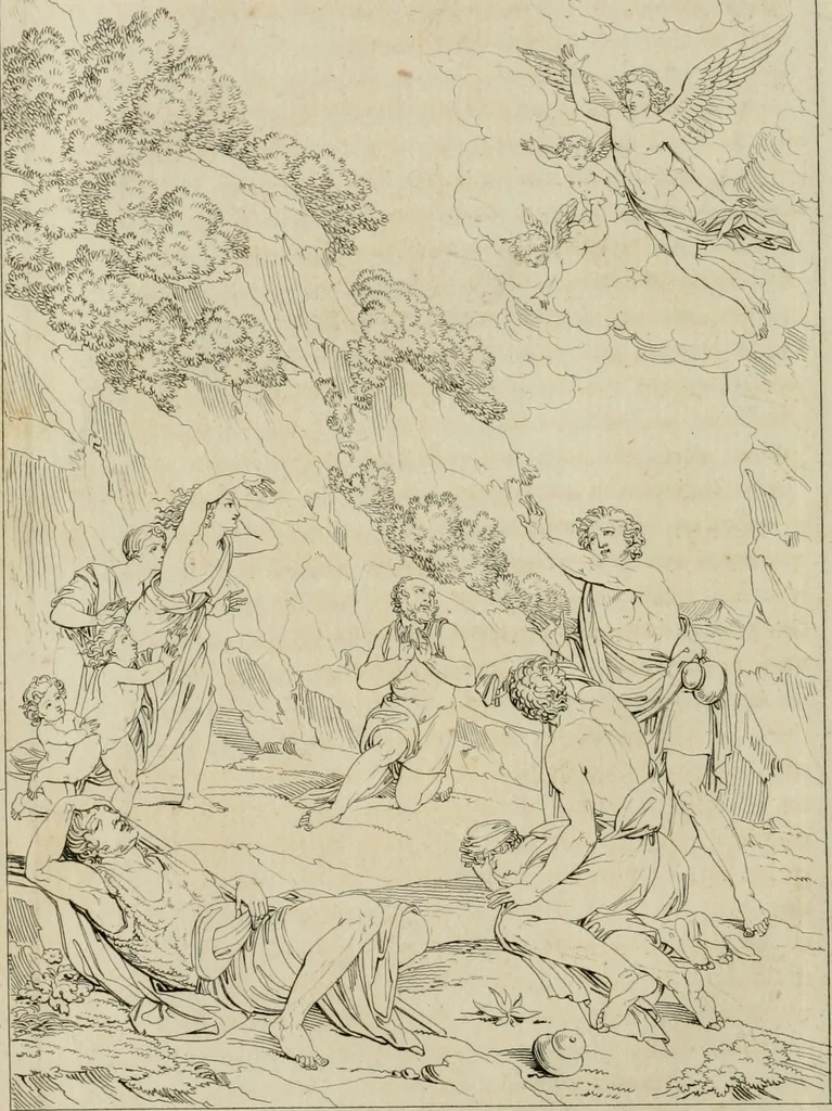 An illustration from Annales du musée et de l'école moderne des beaux-arts : recueil de gravures au trait, d'après les principaux ouvrages de peinture, sculpture, ou projets d'architecture, qui, chaque année, ont remporté le prix, soit aux écoles spéciales, soit aux concours nationaux : les productions des artistes en tous genres, qui, aux différentes expositions, ont été citées avec éloges : les morceaux les plus estimés ou inédits de la galerie de peinture : la suite complète de celle des antiques : édifices anciens et modernes, etc., 1800, leaf 27