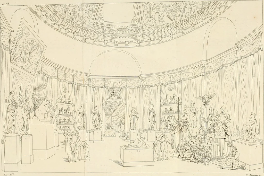 An illustration from Annales du musée et de l'école moderne des beaux-arts : recueil de gravures au trait, d'après les principaux ouvrages de peinture, sculpture, ou projets d'architecture, qui, chaque année, ont remporté le prix, soit aux écoles spéciales, soit aux concours nationaux : les productions des artistes en tous genres, qui, aux différentes expositions, ont été citées avec éloges : les morceaux les plus estimés ou inédits de la galerie de peinture : la suite complète de celle des antiques : édifices anciens et modernes, etc., 1800, leaf 30