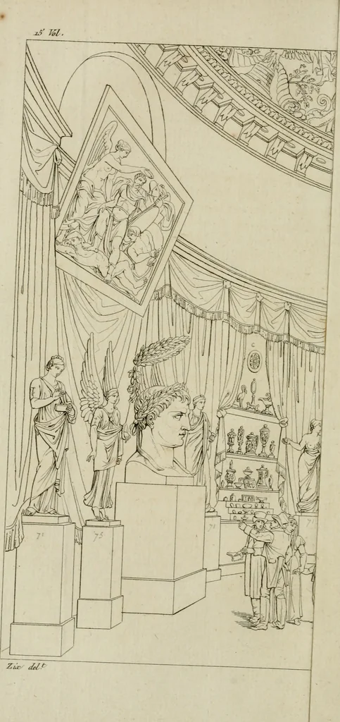 An illustration from Annales du musée et de l'école moderne des beaux-arts : recueil de gravures au trait, d'après les principaux ouvrages de peinture, sculpture, ou projets d'architecture, qui, chaque année, ont remporté le prix, soit aux écoles spéciales, soit aux concours nationaux : les productions des artistes en tous genres, qui, aux différentes expositions, ont été citées avec éloges : les morceaux les plus estimés ou inédits de la galerie de peinture : la suite complète de celle des antiques : édifices anciens et modernes, etc., 1800, leaf 31