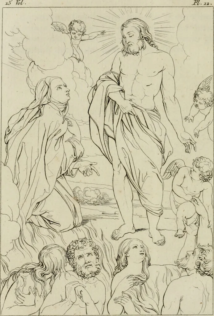 An illustration from Annales du musée et de l'école moderne des beaux-arts : recueil de gravures au trait, d'après les principaux ouvrages de peinture, sculpture, ou projets d'architecture, qui, chaque année, ont remporté le prix, soit aux écoles spéciales, soit aux concours nationaux : les productions des artistes en tous genres, qui, aux différentes expositions, ont été citées avec éloges : les morceaux les plus estimés ou inédits de la galerie de peinture : la suite complète de celle des antiques : édifices anciens et modernes, etc., 1800, leaf 43
