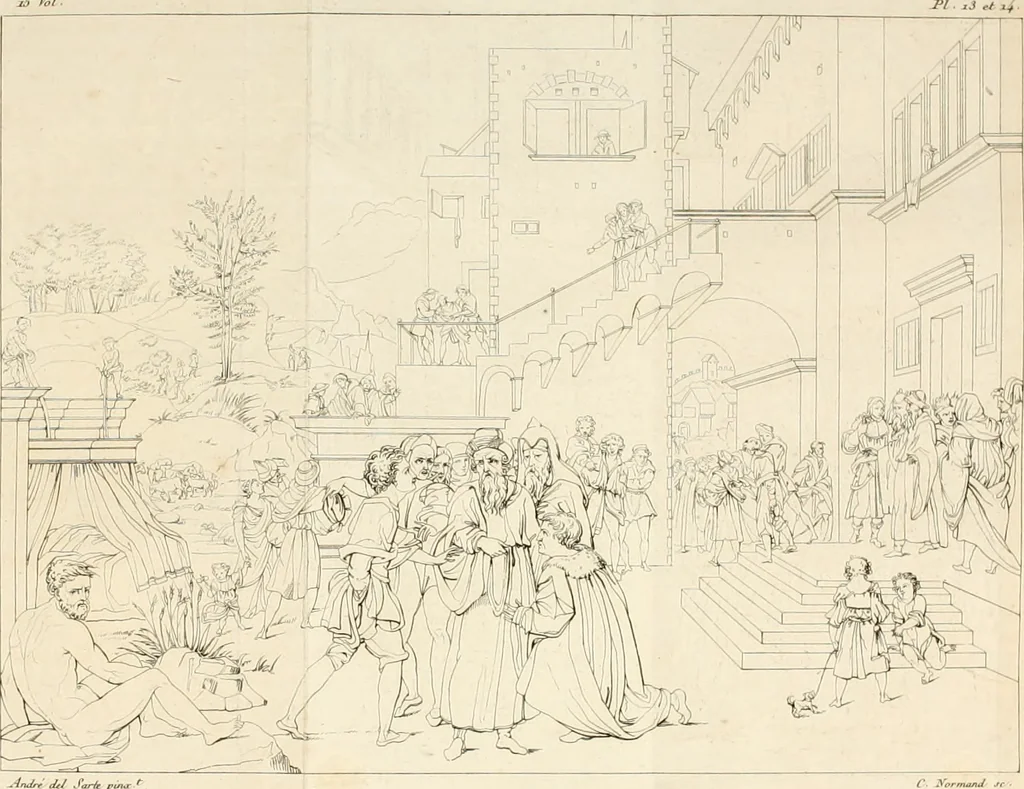 An illustration from Annales du musée et de l'école moderne des beaux-arts : recueil de gravures au trait, d'après les principaux ouvrages de peinture, sculpture, ou projets d'architecture, qui, chaque année, ont remporté le prix, soit aux écoles spéciales, soit aux concours nationaux : les productions des artistes en tous genres, qui, aux différentes expositions, ont été citées avec éloges : les morceaux les plus estimés ou inédits de la galerie de peinture : la suite complète de celle des antiques : édifices anciens et modernes, etc., 1800, leaf 48