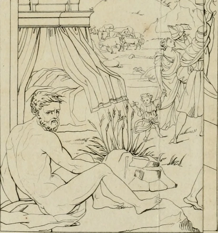 An illustration from Annales du musée et de l'école moderne des beaux-arts : recueil de gravures au trait, d'après les principaux ouvrages de peinture, sculpture, ou projets d'architecture, qui, chaque année, ont remporté le prix, soit aux écoles spéciales, soit aux concours nationaux : les productions des artistes en tous genres, qui, aux différentes expositions, ont été citées avec éloges : les morceaux les plus estimés ou inédits de la galerie de peinture : la suite complète de celle des antiques : édifices anciens et modernes, etc., 1800, leaf 49