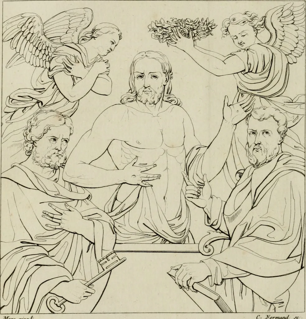 An illustration from Annales du musée et de l'école moderne des beaux-arts : recueil de gravures au trait, d'après les principaux ouvrages de peinture, sculpture, ou projets d'architecture, qui, chaque année, ont remporté le prix, soit aux écoles spéciales, soit aux concours nationaux : les productions des artistes en tous genres, qui, aux différentes expositions, ont été citées avec éloges : les morceaux les plus estimés ou inédits de la galerie de peinture : la suite complète de celle des antiques : édifices anciens et modernes, etc., 1800, leaf 53
