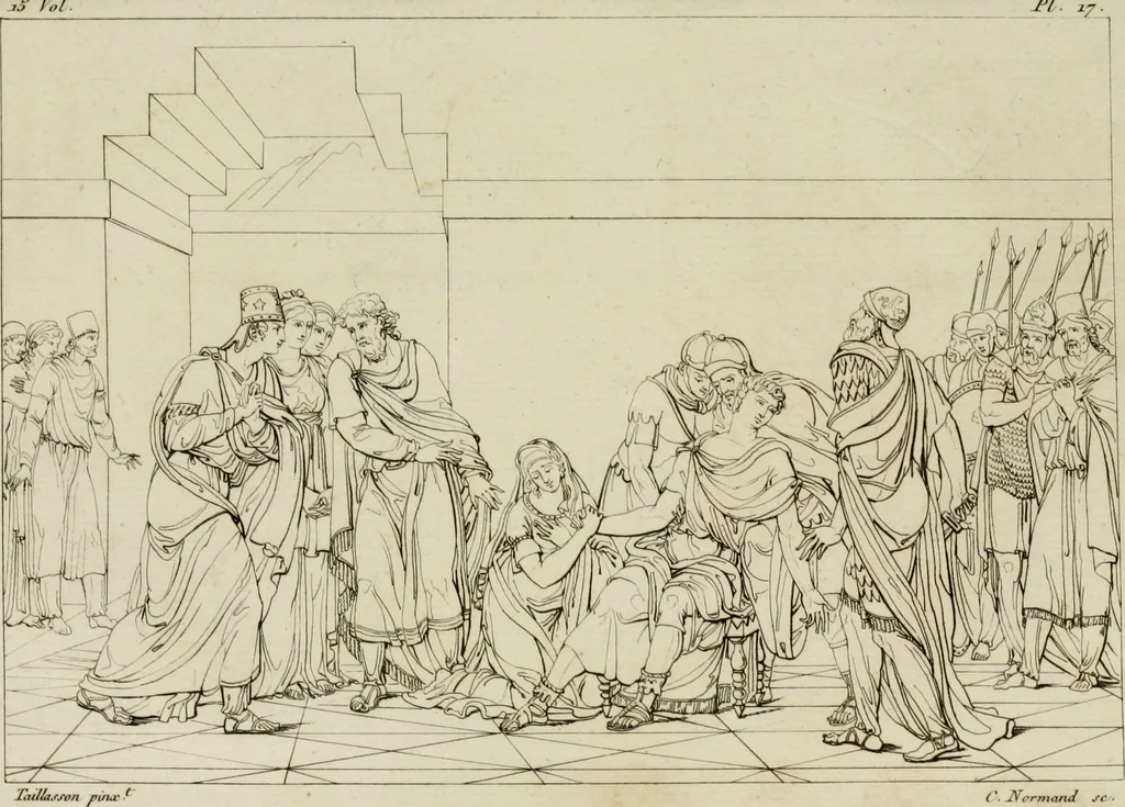 An illustration from Annales du musée et de l'école moderne des beaux-arts : recueil de gravures au trait, d'après les principaux ouvrages de peinture, sculpture, ou projets d'architecture, qui, chaque année, ont remporté le prix, soit aux écoles spéciales, soit aux concours nationaux : les productions des artistes en tous genres, qui, aux différentes expositions, ont été citées avec éloges : les morceaux les plus estimés ou inédits de la galerie de peinture : la suite complète de celle des antiques : édifices anciens et modernes, etc., 1800, leaf 61