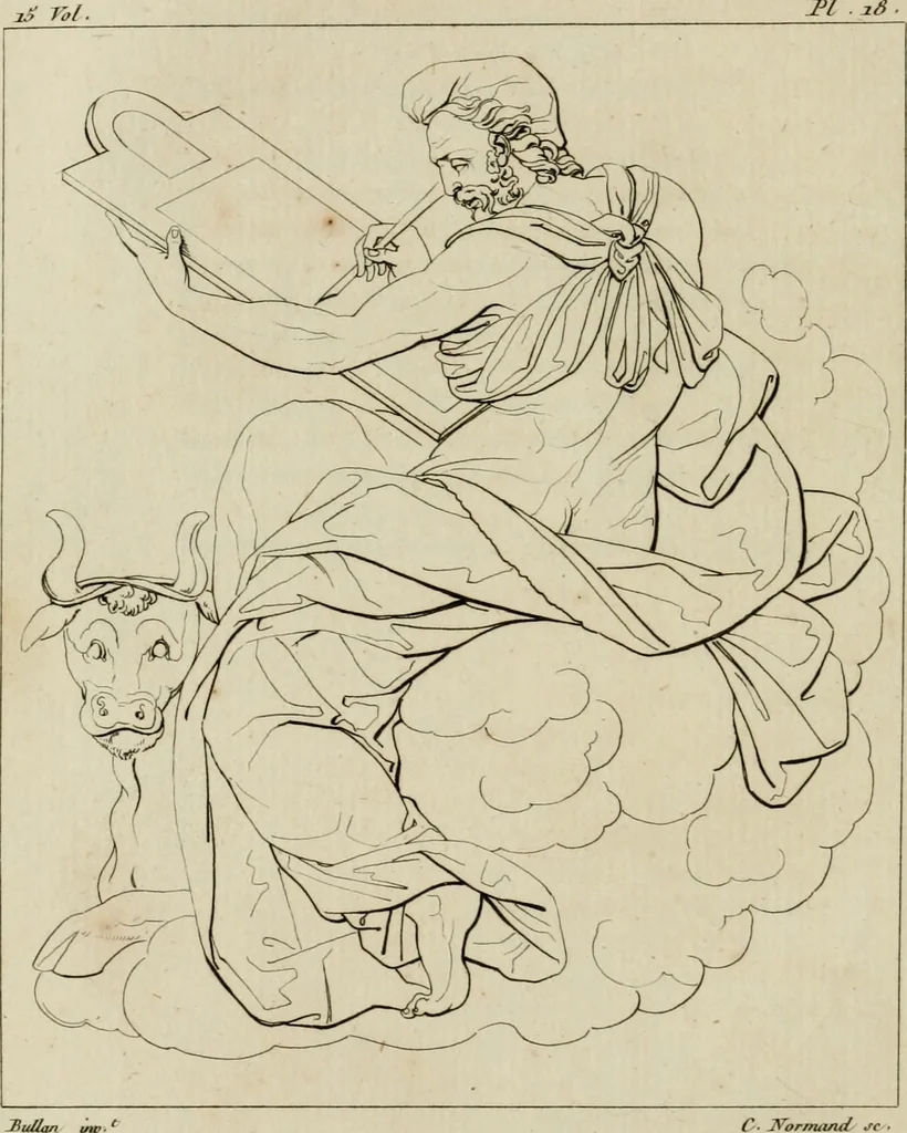 An illustration from Annales du musée et de l'école moderne des beaux-arts : recueil de gravures au trait, d'après les principaux ouvrages de peinture, sculpture, ou projets d'architecture, qui, chaque année, ont remporté le prix, soit aux écoles spéciales, soit aux concours nationaux : les productions des artistes en tous genres, qui, aux différentes expositions, ont été citées avec éloges : les morceaux les plus estimés ou inédits de la galerie de peinture : la suite complète de celle des antiques : édifices anciens et modernes, etc., 1800, leaf 65
