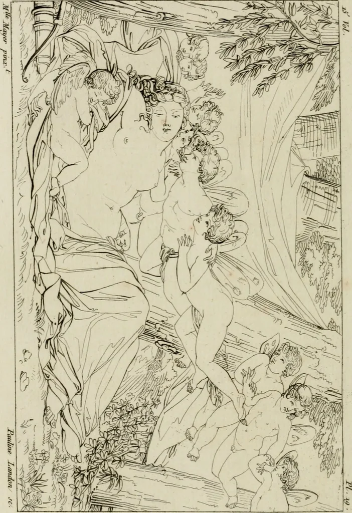 An illustration from Annales du musée et de l'école moderne des beaux-arts : recueil de gravures au trait, d'après les principaux ouvrages de peinture, sculpture, ou projets d'architecture, qui, chaque année, ont remporté le prix, soit aux écoles spéciales, soit aux concours nationaux : les productions des artistes en tous genres, qui, aux différentes expositions, ont été citées avec éloges : les morceaux les plus estimés ou inédits de la galerie de peinture : la suite complète de celle des antiques : édifices anciens et modernes, etc., 1800, leaf 69