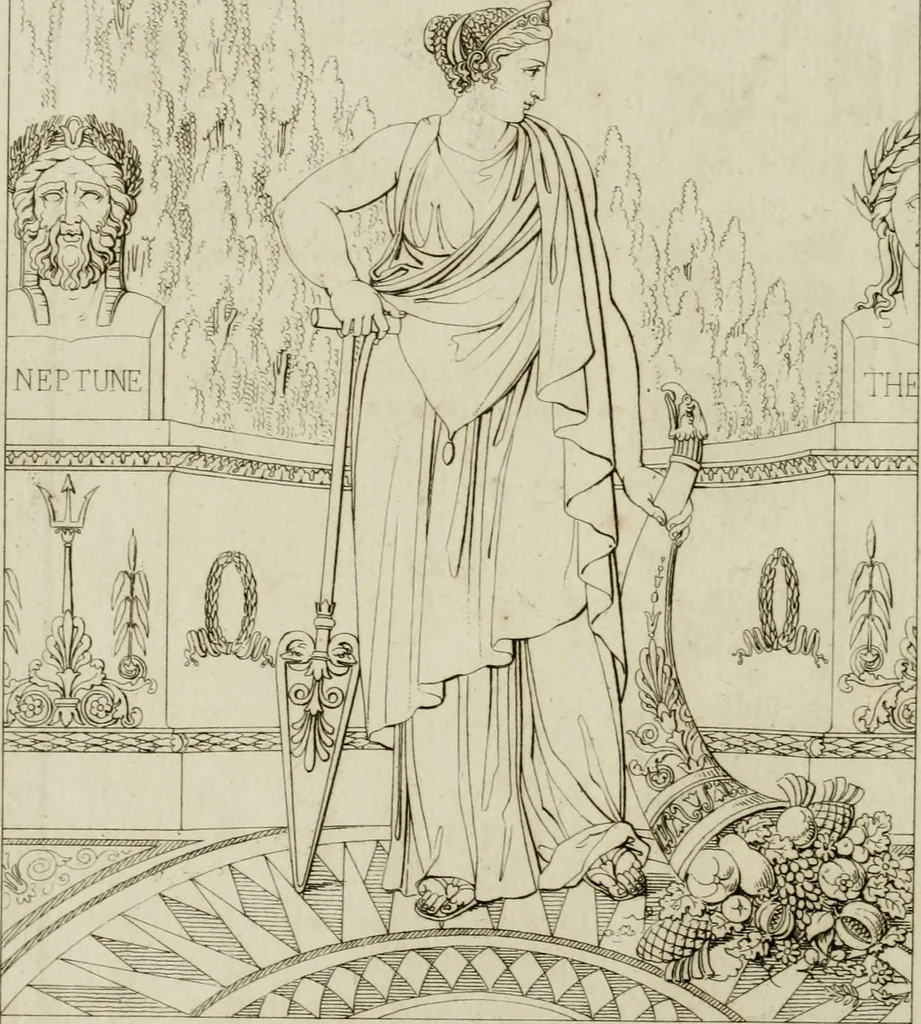 An illustration from Annales du musée et de l'école moderne des beaux-arts : recueil de gravures au trait, d'après les principaux ouvrages de peinture, sculpture, ou projets d'architecture, qui, chaque année, ont remporté le prix, soit aux écoles spéciales, soit aux concours nationaux : les productions des artistes en tous genres, qui, aux différentes expositions, ont été citées avec éloges : les morceaux les plus estimés ou inédits de la galerie de peinture : la suite complète de celle des antiques : édifices anciens et modernes, etc., 1800, leaf 7