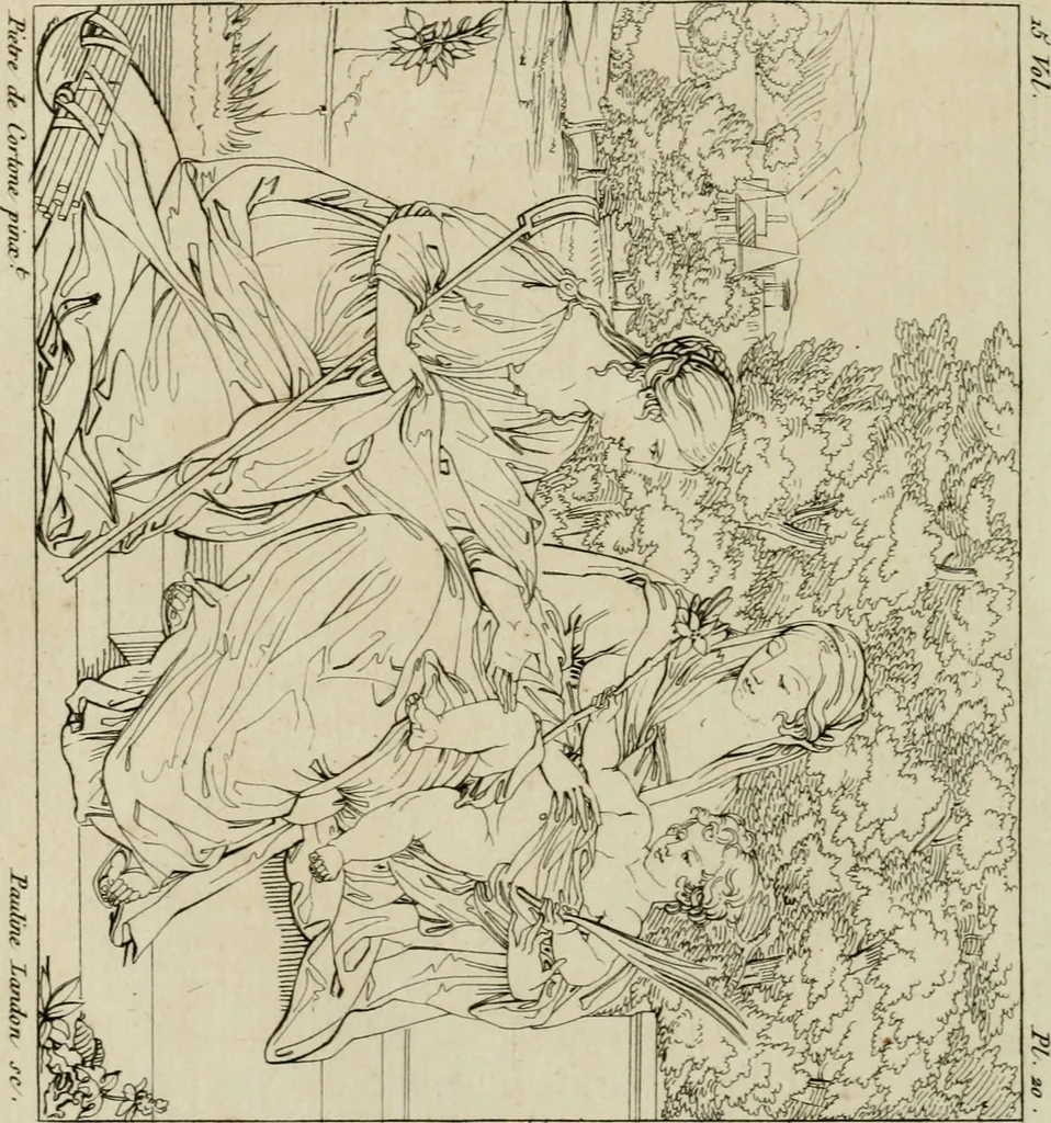 An illustration from Annales du musée et de l'école moderne des beaux-arts : recueil de gravures au trait, d'après les principaux ouvrages de peinture, sculpture, ou projets d'architecture, qui, chaque année, ont remporté le prix, soit aux écoles spéciales, soit aux concours nationaux : les productions des artistes en tous genres, qui, aux différentes expositions, ont été citées avec éloges : les morceaux les plus estimés ou inédits de la galerie de peinture : la suite complète de celle des antiques : édifices anciens et modernes, etc., 1800, leaf 73