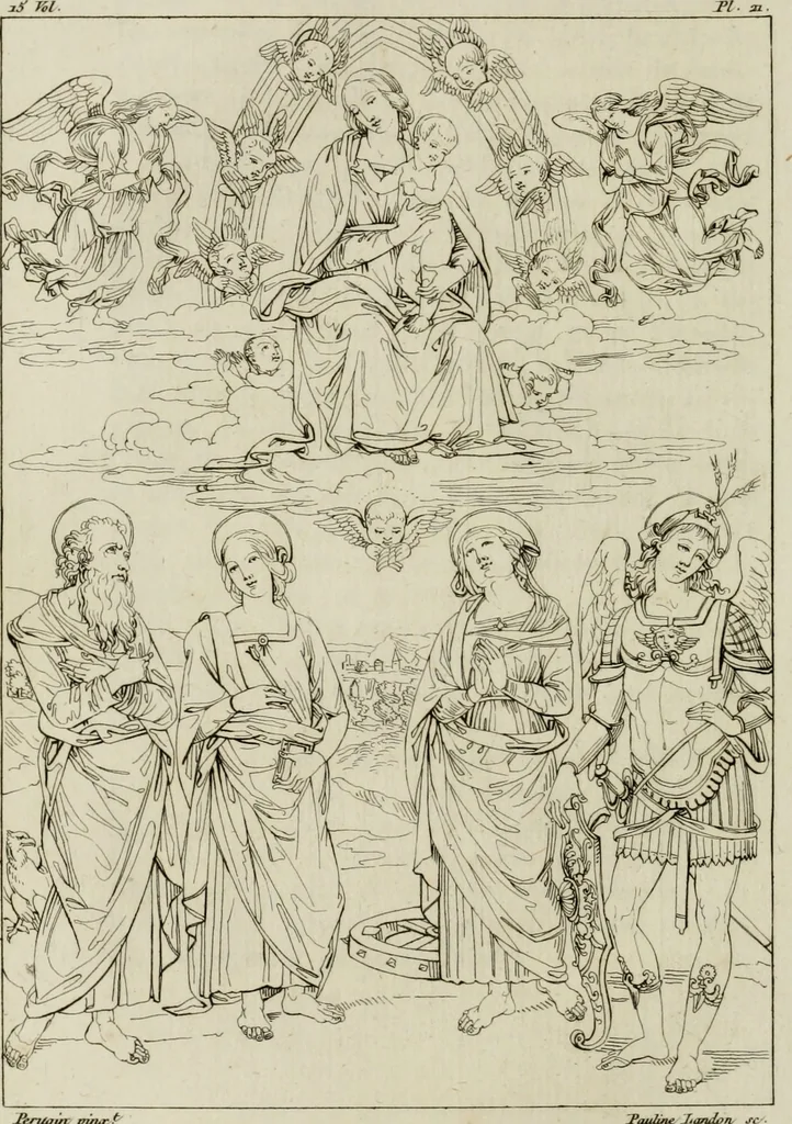 An illustration from Annales du musée et de l'école moderne des beaux-arts : recueil de gravures au trait, d'après les principaux ouvrages de peinture, sculpture, ou projets d'architecture, qui, chaque année, ont remporté le prix, soit aux écoles spéciales, soit aux concours nationaux : les productions des artistes en tous genres, qui, aux différentes expositions, ont été citées avec éloges : les morceaux les plus estimés ou inédits de la galerie de peinture : la suite complète de celle des antiques : édifices anciens et modernes, etc., 1800, leaf 77