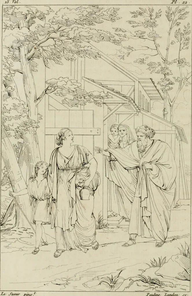 An illustration from Annales du musée et de l'école moderne des beaux-arts : recueil de gravures au trait, d'après les principaux ouvrages de peinture, sculpture, ou projets d'architecture, qui, chaque année, ont remporté le prix, soit aux écoles spéciales, soit aux concours nationaux : les productions des artistes en tous genres, qui, aux différentes expositions, ont été citées avec éloges : les morceaux les plus estimés ou inédits de la galerie de peinture : la suite complète de celle des antiques : édifices anciens et modernes, etc., 1800, leaf 81