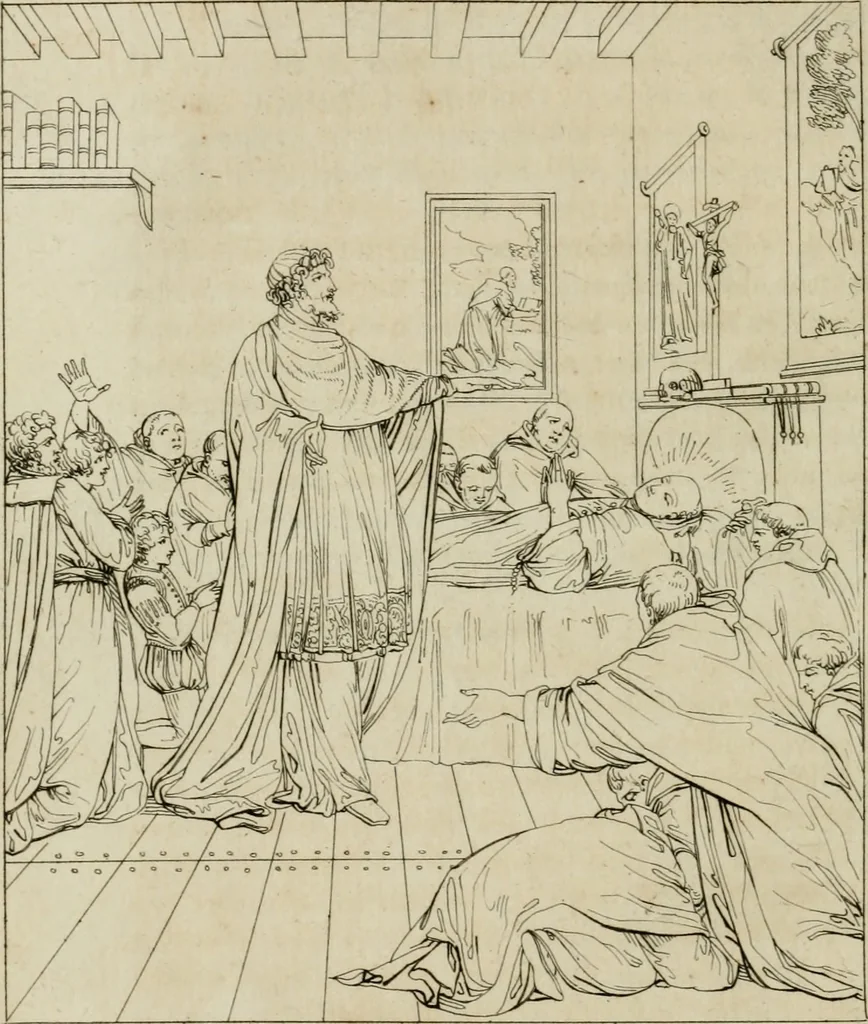 An illustration from Annales du musée et de l'école moderne des beaux-arts : recueil de gravures au trait, d'après les principaux ouvrages de peinture, sculpture, ou projets d'architecture, qui, chaque année, ont remporté le prix, soit aux écoles spéciales, soit aux concours nationaux : les productions des artistes en tous genres, qui, aux différentes expositions, ont été citées avec éloges : les morceaux les plus estimés ou inédits de la galerie de peinture : la suite complète de celle des antiques : édifices anciens et modernes, etc., 1800, leaf 85