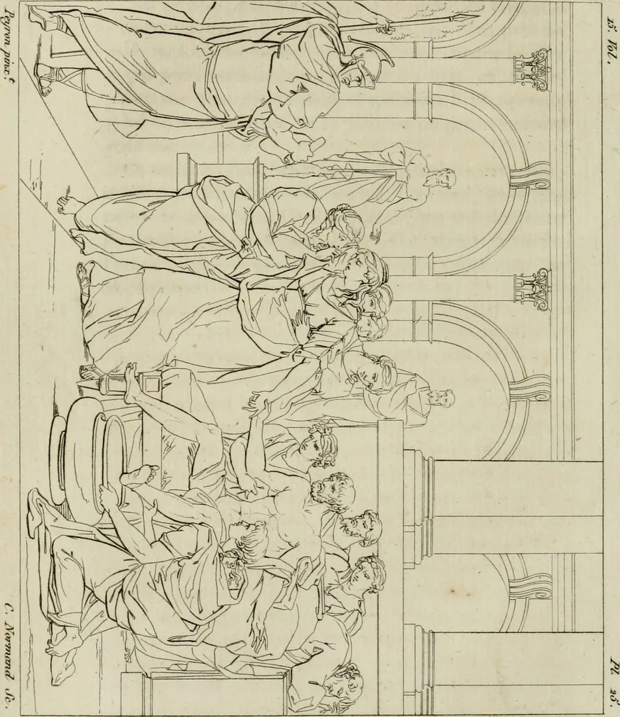 An illustration from Annales du musée et de l'école moderne des beaux-arts : recueil de gravures au trait, d'après les principaux ouvrages de peinture, sculpture, ou projets d'architecture, qui, chaque année, ont remporté le prix, soit aux écoles spéciales, soit aux concours nationaux : les productions des artistes en tous genres, qui, aux différentes expositions, ont été citées avec éloges : les morceaux les plus estimés ou inédits de la galerie de peinture : la suite complète de celle des antiques : édifices anciens et modernes, etc., 1800, leaf 93