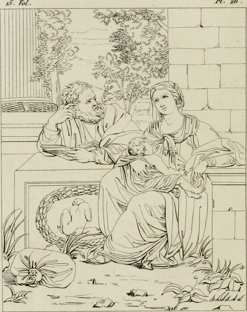An illustration from Annales du musée et de l'école moderne des beaux-arts : recueil de gravures au trait, d'après les principaux ouvrages de peinture, sculpture, ou projets d'architecture, qui, chaque année, ont remporté le prix, soit aux écoles spéciales, soit aux concours nationaux : les productions des artistes en tous genres, qui, aux différentes expositions, ont été citées avec éloges : les morceaux les plus estimés ou inédits de la galerie de peinture : la suite complète de celle des antiques : édifices anciens et modernes, etc., 1800, leaf 97