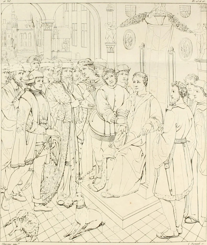An illustration from Annales du musée et de l'école moderne des beaux-arts : recueil de gravures au trait, d'après les principaux ouvrages de peinture, sculpture, ou projets d'architecture, qui, chaque année, ont remporté le prix, soit aux écoles spéciales, soit aux concours nationaux : les productions des artistes en tous genres, qui, aux différentes expositions, ont été citées avec éloges : les morceaux les plus estimés ou inédits de la galerie de peinture : la suite complète de celle des antiques : édifices anciens et modernes, etc., 1800, leaf 100