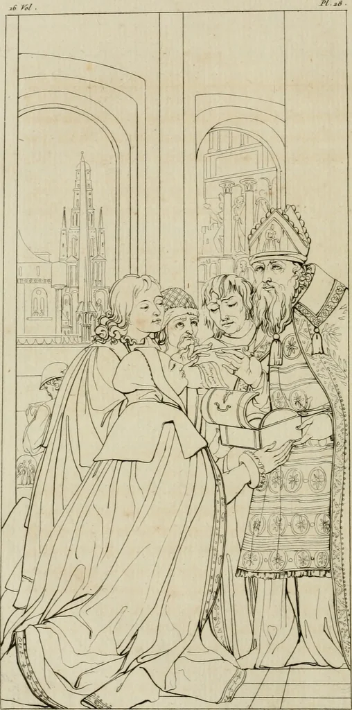 An illustration from Annales du musée et de l'école moderne des beaux-arts : recueil de gravures au trait, d'après les principaux ouvrages de peinture, sculpture, ou projets d'architecture, qui, chaque année, ont remporté le prix, soit aux écoles spéciales, soit aux concours nationaux : les productions des artistes en tous genres, qui, aux différentes expositions, ont été citées avec éloges : les morceaux les plus estimés ou inédits de la galerie de peinture : la suite complète de celle des antiques : édifices anciens et modernes, etc., 1800, leaf 109