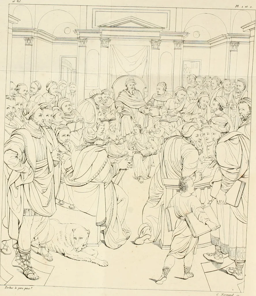 An illustration from Annales du musée et de l'école moderne des beaux-arts : recueil de gravures au trait, d'après les principaux ouvrages de peinture, sculpture, ou projets d'architecture, qui, chaque année, ont remporté le prix, soit aux écoles spéciales, soit aux concours nationaux : les productions des artistes en tous genres, qui, aux différentes expositions, ont été citées avec éloges : les morceaux les plus estimés ou inédits de la galerie de peinture : la suite complète de celle des antiques : édifices anciens et modernes, etc., 1800, leaf 12