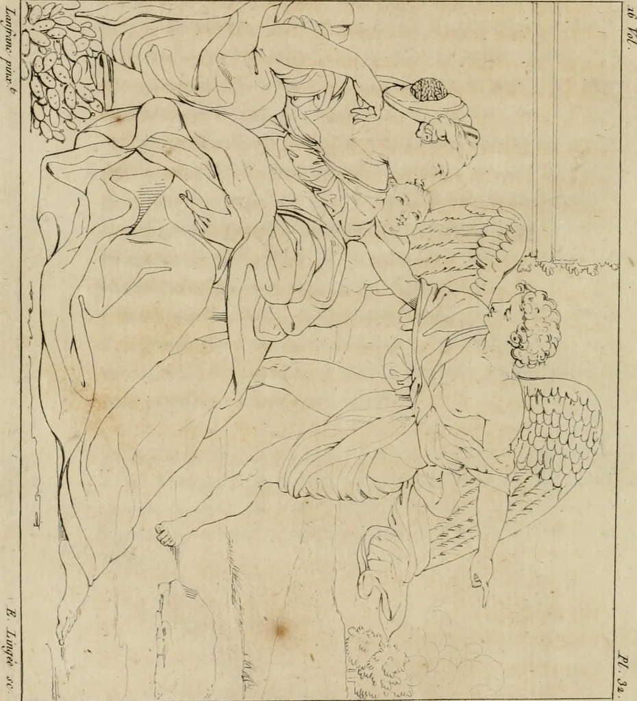 An illustration from Annales du musée et de l'école moderne des beaux-arts : recueil de gravures au trait, d'après les principaux ouvrages de peinture, sculpture, ou projets d'architecture, qui, chaque année, ont remporté le prix, soit aux écoles spéciales, soit aux concours nationaux : les productions des artistes en tous genres, qui, aux différentes expositions, ont été citées avec éloges : les morceaux les plus estimés ou inédits de la galerie de peinture : la suite complète de celle des antiques : édifices anciens et modernes, etc., 1800, leaf 125