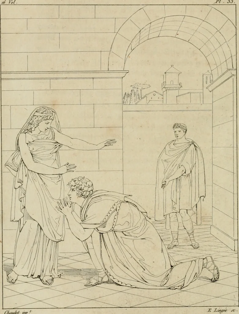An illustration from Annales du musée et de l'école moderne des beaux-arts : recueil de gravures au trait, d'après les principaux ouvrages de peinture, sculpture, ou projets d'architecture, qui, chaque année, ont remporté le prix, soit aux écoles spéciales, soit aux concours nationaux : les productions des artistes en tous genres, qui, aux différentes expositions, ont été citées avec éloges : les morceaux les plus estimés ou inédits de la galerie de peinture : la suite complète de celle des antiques : édifices anciens et modernes, etc., 1800, leaf 129