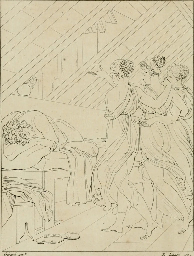 An illustration from Annales du musée et de l'école moderne des beaux-arts : recueil de gravures au trait, d'après les principaux ouvrages de peinture, sculpture, ou projets d'architecture, qui, chaque année, ont remporté le prix, soit aux écoles spéciales, soit aux concours nationaux : les productions des artistes en tous genres, qui, aux différentes expositions, ont été citées avec éloges : les morceaux les plus estimés ou inédits de la galerie de peinture : la suite complète de celle des antiques : édifices anciens et modernes, etc., 1800, leaf 137