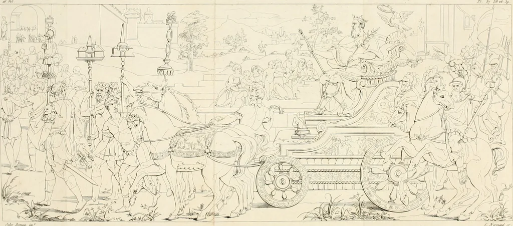 An illustration from Annales du musée et de l'école moderne des beaux-arts : recueil de gravures au trait, d'après les principaux ouvrages de peinture, sculpture, ou projets d'architecture, qui, chaque année, ont remporté le prix, soit aux écoles spéciales, soit aux concours nationaux : les productions des artistes en tous genres, qui, aux différentes expositions, ont été citées avec éloges : les morceaux les plus estimés ou inédits de la galerie de peinture : la suite complète de celle des antiques : édifices anciens et modernes, etc., 1800, leaf 144