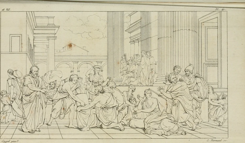 An illustration from Annales du musée et de l'école moderne des beaux-arts : recueil de gravures au trait, d'après les principaux ouvrages de peinture, sculpture, ou projets d'architecture, qui, chaque année, ont remporté le prix, soit aux écoles spéciales, soit aux concours nationaux : les productions des artistes en tous genres, qui, aux différentes expositions, ont été citées avec éloges : les morceaux les plus estimés ou inédits de la galerie de peinture : la suite complète de celle des antiques : édifices anciens et modernes, etc., 1800, leaf 149