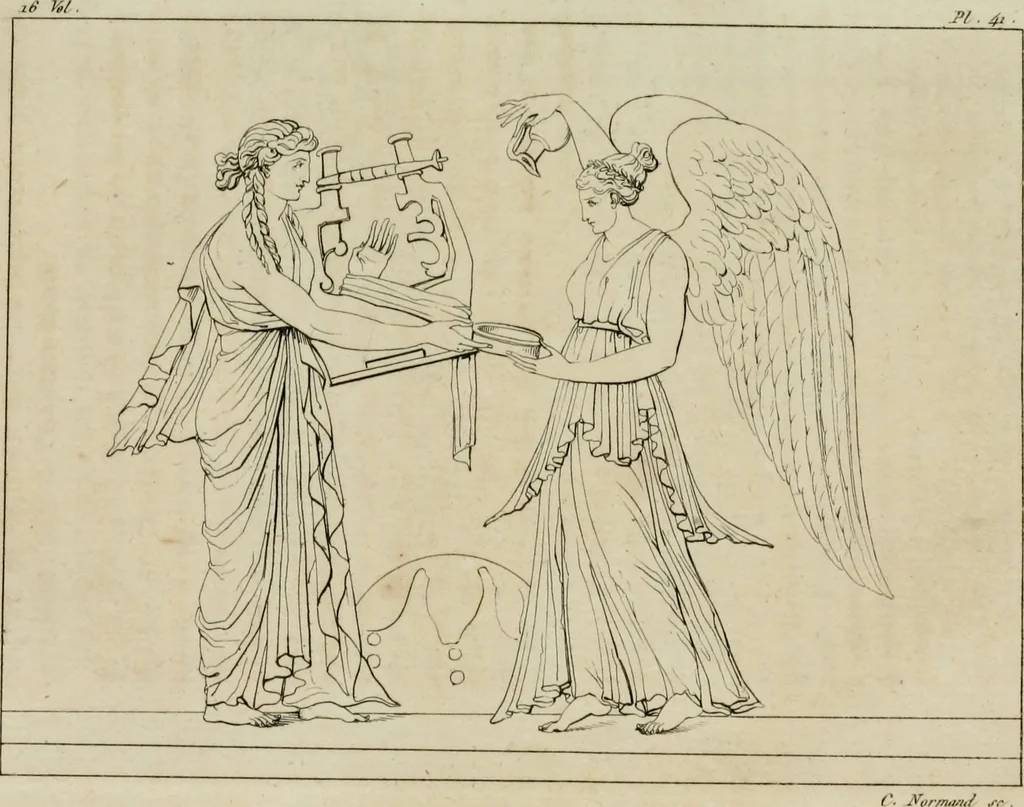 An illustration from Annales du musée et de l'école moderne des beaux-arts : recueil de gravures au trait, d'après les principaux ouvrages de peinture, sculpture, ou projets d'architecture, qui, chaque année, ont remporté le prix, soit aux écoles spéciales, soit aux concours nationaux : les productions des artistes en tous genres, qui, aux différentes expositions, ont été citées avec éloges : les morceaux les plus estimés ou inédits de la galerie de peinture : la suite complète de celle des antiques : édifices anciens et modernes, etc., 1800, leaf 153