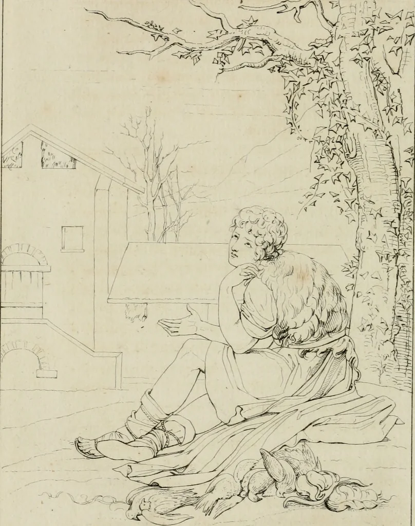 An illustration from Annales du musée et de l'école moderne des beaux-arts : recueil de gravures au trait, d'après les principaux ouvrages de peinture, sculpture, ou projets d'architecture, qui, chaque année, ont remporté le prix, soit aux écoles spéciales, soit aux concours nationaux : les productions des artistes en tous genres, qui, aux différentes expositions, ont été citées avec éloges : les morceaux les plus estimés ou inédits de la galerie de peinture : la suite complète de celle des antiques : édifices anciens et modernes, etc., 1800, leaf 161