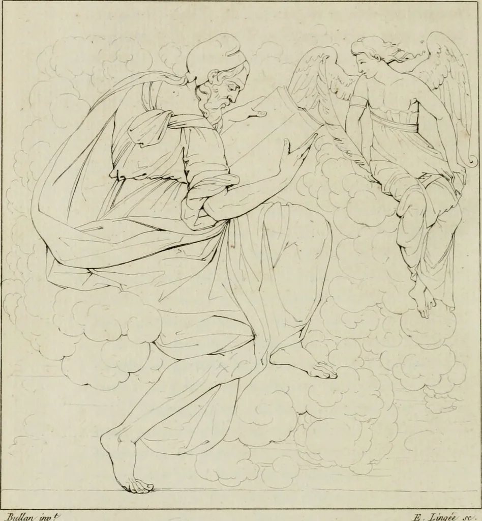 An illustration from Annales du musée et de l'école moderne des beaux-arts : recueil de gravures au trait, d'après les principaux ouvrages de peinture, sculpture, ou projets d'architecture, qui, chaque année, ont remporté le prix, soit aux écoles spéciales, soit aux concours nationaux : les productions des artistes en tous genres, qui, aux différentes expositions, ont été citées avec éloges : les morceaux les plus estimés ou inédits de la galerie de peinture : la suite complète de celle des antiques : édifices anciens et modernes, etc., 1800, leaf 165