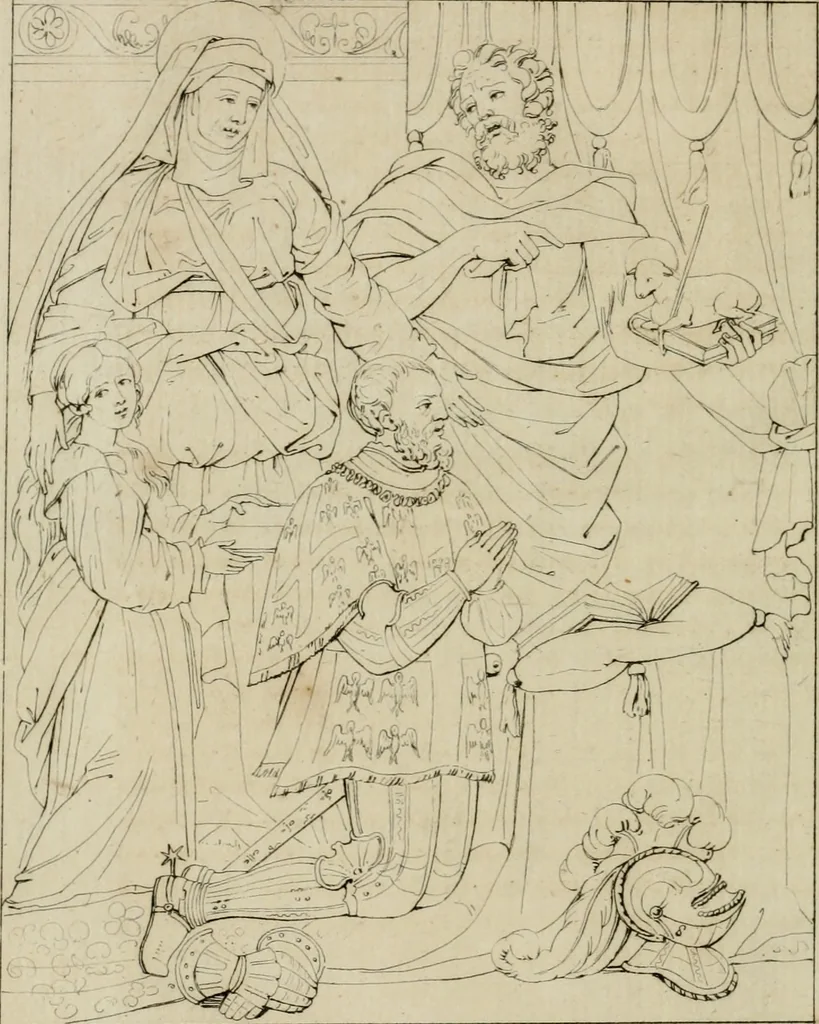 An illustration from Annales du musée et de l'école moderne des beaux-arts : recueil de gravures au trait, d'après les principaux ouvrages de peinture, sculpture, ou projets d'architecture, qui, chaque année, ont remporté le prix, soit aux écoles spéciales, soit aux concours nationaux : les productions des artistes en tous genres, qui, aux différentes expositions, ont été citées avec éloges : les morceaux les plus estimés ou inédits de la galerie de peinture : la suite complète de celle des antiques : édifices anciens et modernes, etc., 1800, leaf 169