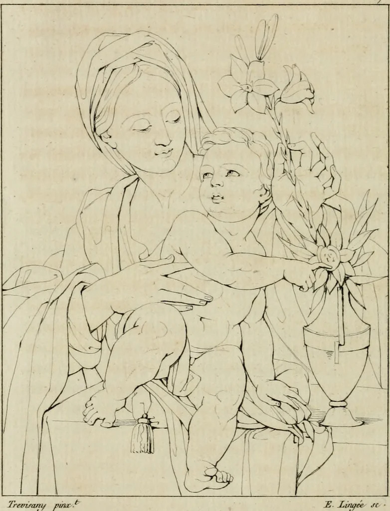 An illustration from Annales du musée et de l'école moderne des beaux-arts : recueil de gravures au trait, d'après les principaux ouvrages de peinture, sculpture, ou projets d'architecture, qui, chaque année, ont remporté le prix, soit aux écoles spéciales, soit aux concours nationaux : les productions des artistes en tous genres, qui, aux différentes expositions, ont été citées avec éloges : les morceaux les plus estimés ou inédits de la galerie de peinture : la suite complète de celle des antiques : édifices anciens et modernes, etc., 1800, leaf 177