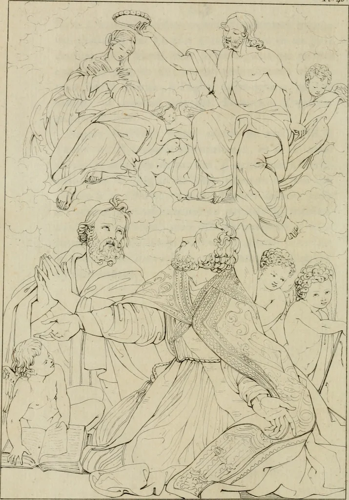 An illustration from Annales du musée et de l'école moderne des beaux-arts : recueil de gravures au trait, d'après les principaux ouvrages de peinture, sculpture, ou projets d'architecture, qui, chaque année, ont remporté le prix, soit aux écoles spéciales, soit aux concours nationaux : les productions des artistes en tous genres, qui, aux différentes expositions, ont été citées avec éloges : les morceaux les plus estimés ou inédits de la galerie de peinture : la suite complète de celle des antiques : édifices anciens et modernes, etc., 1800, leaf 181