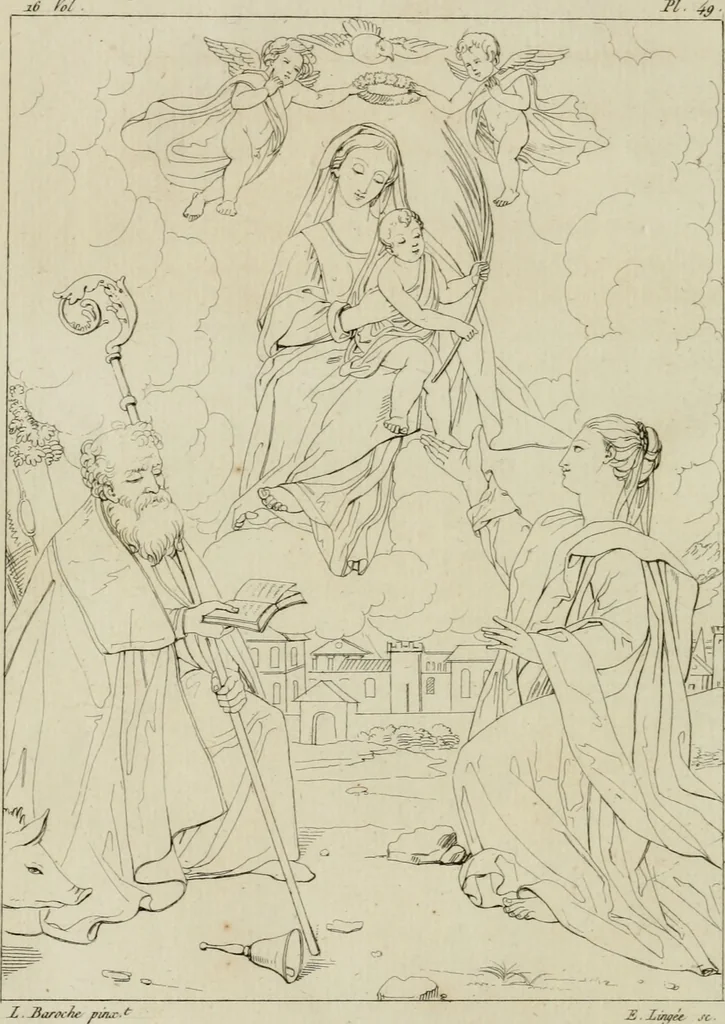 An illustration from Annales du musée et de l'école moderne des beaux-arts : recueil de gravures au trait, d'après les principaux ouvrages de peinture, sculpture, ou projets d'architecture, qui, chaque année, ont remporté le prix, soit aux écoles spéciales, soit aux concours nationaux : les productions des artistes en tous genres, qui, aux différentes expositions, ont été citées avec éloges : les morceaux les plus estimés ou inédits de la galerie de peinture : la suite complète de celle des antiques : édifices anciens et modernes, etc., 1800, leaf 185