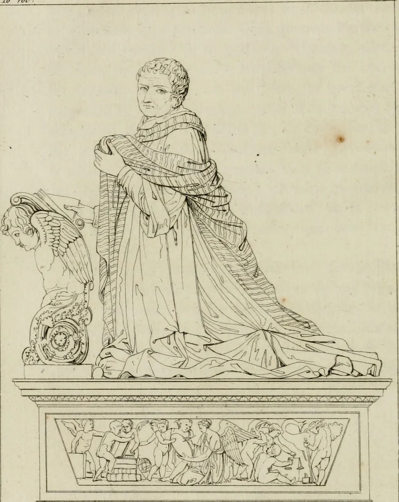An illustration from Annales du musée et de l'école moderne des beaux-arts : recueil de gravures au trait, d'après les principaux ouvrages de peinture, sculpture, ou projets d'architecture, qui, chaque année, ont remporté le prix, soit aux écoles spéciales, soit aux concours nationaux : les productions des artistes en tous genres, qui, aux différentes expositions, ont été citées avec éloges : les morceaux les plus estimés ou inédits de la galerie de peinture : la suite complète de celle des antiques : édifices anciens et modernes, etc., 1800, leaf 193