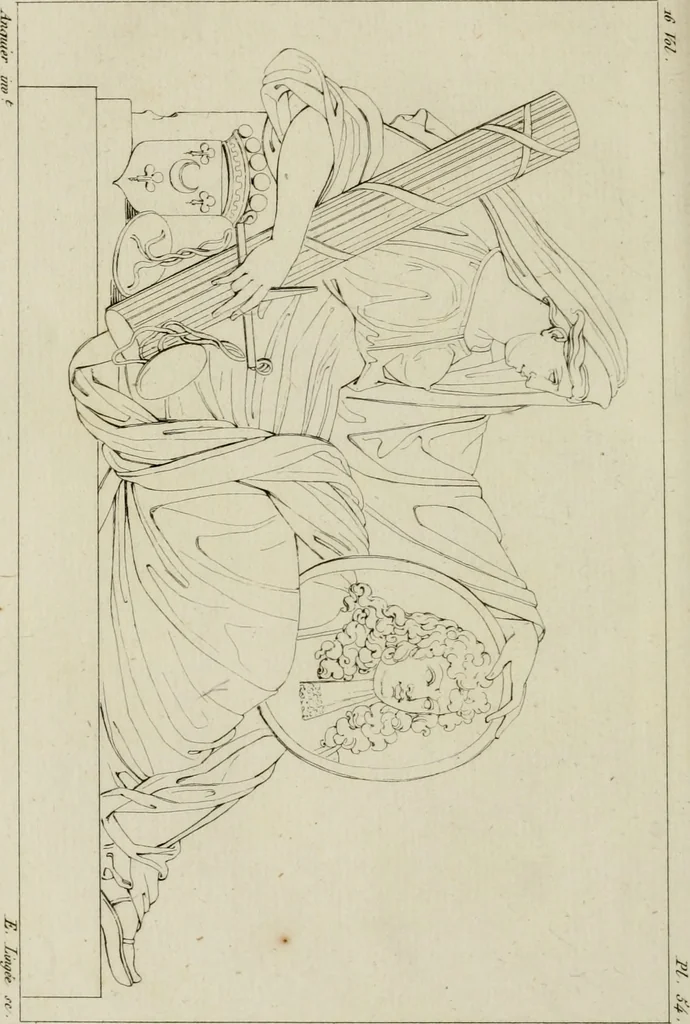An illustration from Annales du musée et de l'école moderne des beaux-arts : recueil de gravures au trait, d'après les principaux ouvrages de peinture, sculpture, ou projets d'architecture, qui, chaque année, ont remporté le prix, soit aux écoles spéciales, soit aux concours nationaux : les productions des artistes en tous genres, qui, aux différentes expositions, ont été citées avec éloges : les morceaux les plus estimés ou inédits de la galerie de peinture : la suite complète de celle des antiques : édifices anciens et modernes, etc., 1800, leaf 205