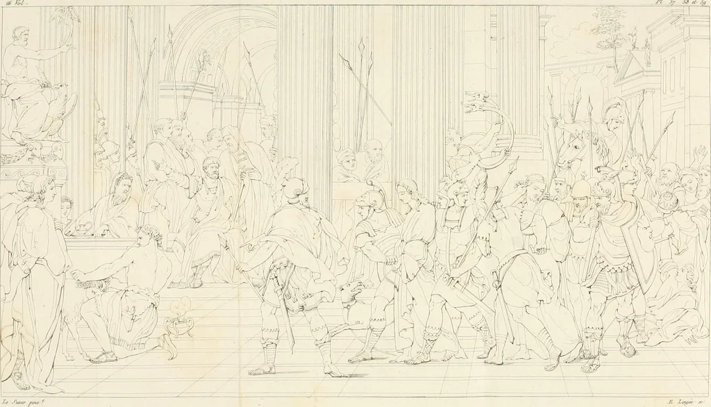 An illustration from Annales du musée et de l'école moderne des beaux-arts : recueil de gravures au trait, d'après les principaux ouvrages de peinture, sculpture, ou projets d'architecture, qui, chaque année, ont remporté le prix, soit aux écoles spéciales, soit aux concours nationaux : les productions des artistes en tous genres, qui, aux différentes expositions, ont été citées avec éloges : les morceaux les plus estimés ou inédits de la galerie de peinture : la suite complète de celle des antiques : édifices anciens et modernes, etc., 1800, leaf 216