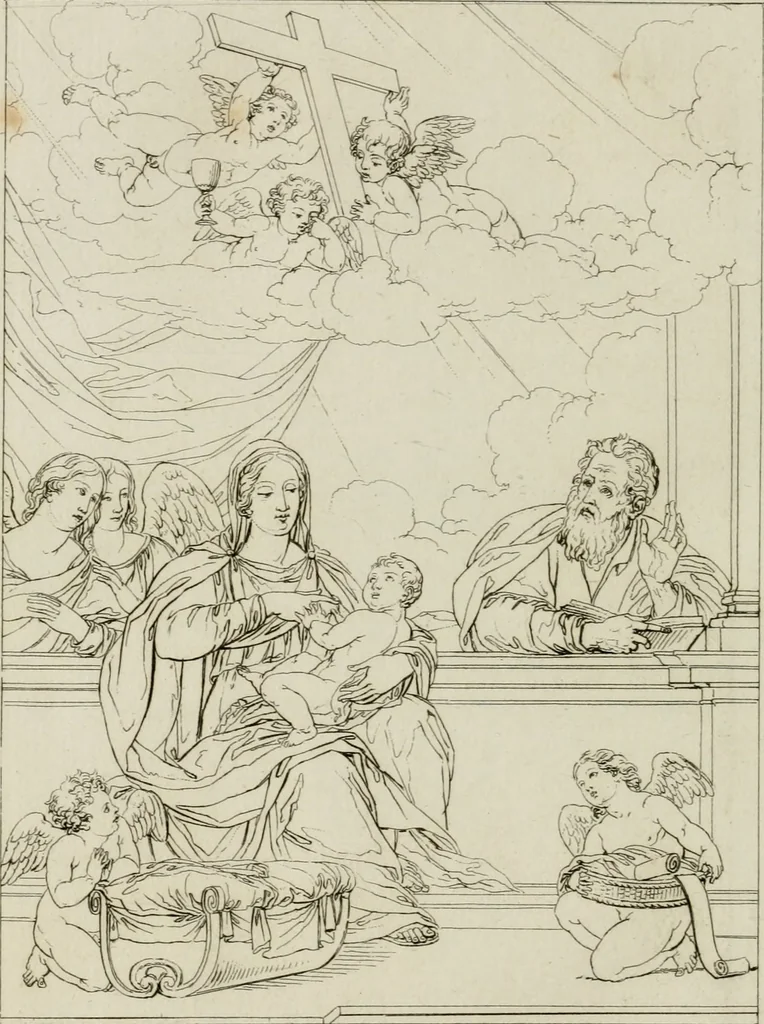 An illustration from Annales du musée et de l'école moderne des beaux-arts : recueil de gravures au trait, d'après les principaux ouvrages de peinture, sculpture, ou projets d'architecture, qui, chaque année, ont remporté le prix, soit aux écoles spéciales, soit aux concours nationaux : les productions des artistes en tous genres, qui, aux différentes expositions, ont été citées avec éloges : les morceaux les plus estimés ou inédits de la galerie de peinture : la suite complète de celle des antiques : édifices anciens et modernes, etc., 1800, leaf 225