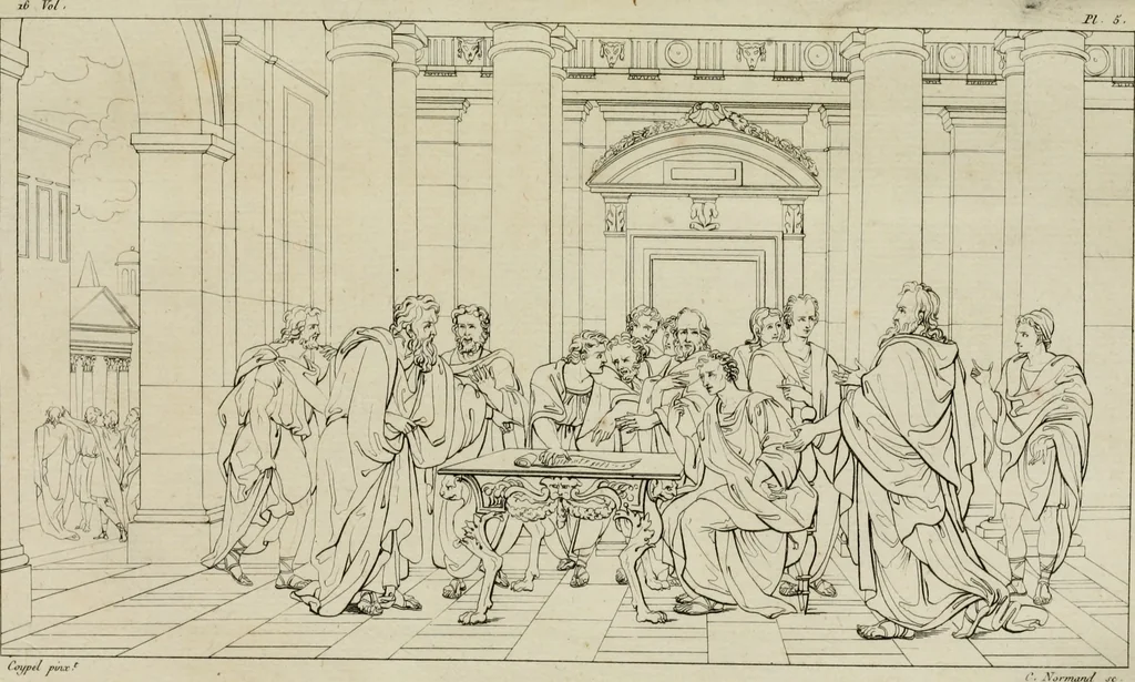 An illustration from Annales du musée et de l'école moderne des beaux-arts : recueil de gravures au trait, d'après les principaux ouvrages de peinture, sculpture, ou projets d'architecture, qui, chaque année, ont remporté le prix, soit aux écoles spéciales, soit aux concours nationaux : les productions des artistes en tous genres, qui, aux différentes expositions, ont été citées avec éloges : les morceaux les plus estimés ou inédits de la galerie de peinture : la suite complète de celle des antiques : édifices anciens et modernes, etc., 1800, leaf 25