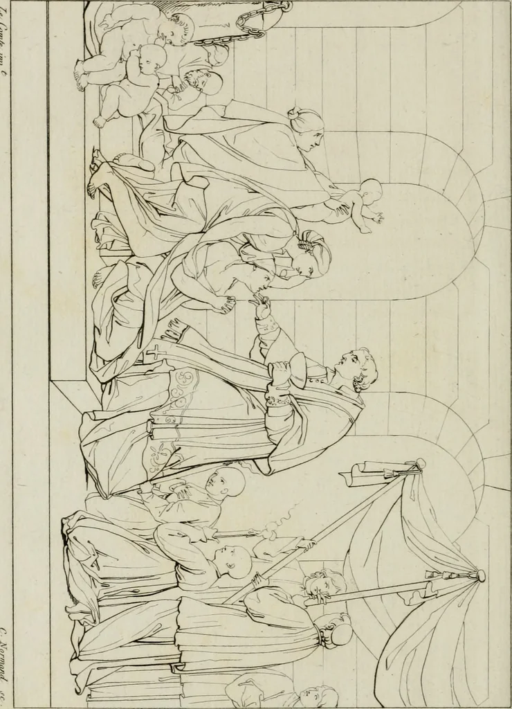 An illustration from Annales du musée et de l'école moderne des beaux-arts : recueil de gravures au trait, d'après les principaux ouvrages de peinture, sculpture, ou projets d'architecture, qui, chaque année, ont remporté le prix, soit aux écoles spéciales, soit aux concours nationaux : les productions des artistes en tous genres, qui, aux différentes expositions, ont été citées avec éloges : les morceaux les plus estimés ou inédits de la galerie de peinture : la suite complète de celle des antiques : édifices anciens et modernes, etc., 1800, leaf 253