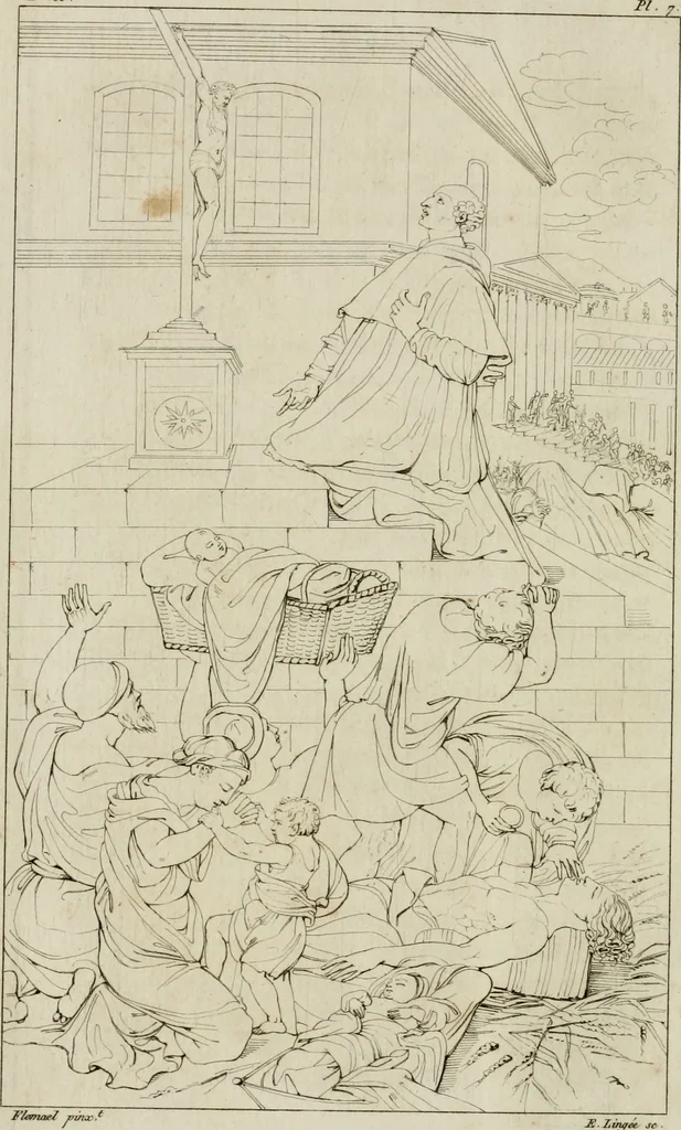 An illustration from Annales du musée et de l'école moderne des beaux-arts : recueil de gravures au trait, d'après les principaux ouvrages de peinture, sculpture, ou projets d'architecture, qui, chaque année, ont remporté le prix, soit aux écoles spéciales, soit aux concours nationaux : les productions des artistes en tous genres, qui, aux différentes expositions, ont été citées avec éloges : les morceaux les plus estimés ou inédits de la galerie de peinture : la suite complète de celle des antiques : édifices anciens et modernes, etc., 1800, leaf 33