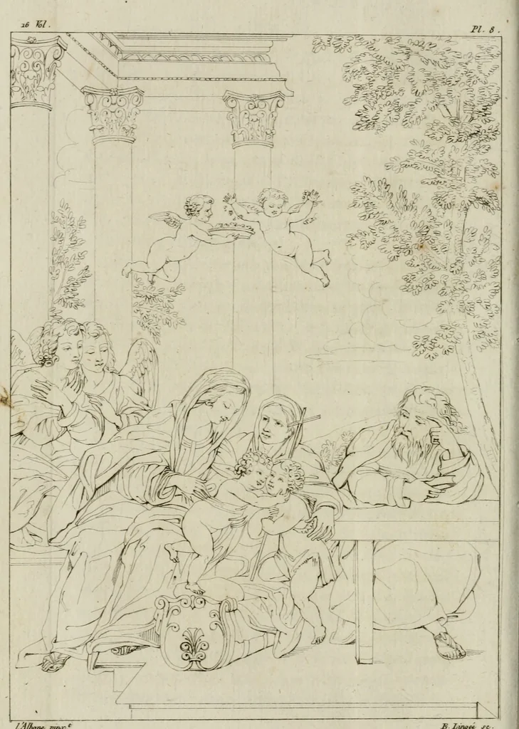 An illustration from Annales du musée et de l'école moderne des beaux-arts : recueil de gravures au trait, d'après les principaux ouvrages de peinture, sculpture, ou projets d'architecture, qui, chaque année, ont remporté le prix, soit aux écoles spéciales, soit aux concours nationaux : les productions des artistes en tous genres, qui, aux différentes expositions, ont été citées avec éloges : les morceaux les plus estimés ou inédits de la galerie de peinture : la suite complète de celle des antiques : édifices anciens et modernes, etc., 1800, leaf 37