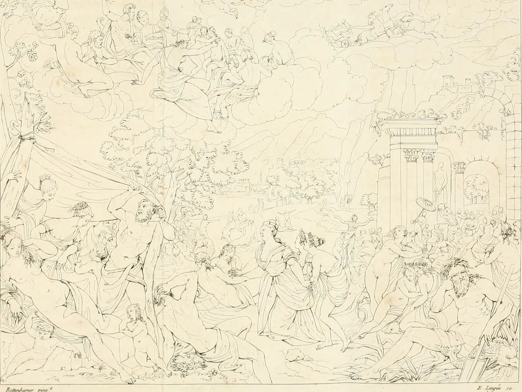 An illustration from Annales du musée et de l'école moderne des beaux-arts : recueil de gravures au trait, d'après les principaux ouvrages de peinture, sculpture, ou projets d'architecture, qui, chaque année, ont remporté le prix, soit aux écoles spéciales, soit aux concours nationaux : les productions des artistes en tous genres, qui, aux différentes expositions, ont été citées avec éloges : les morceaux les plus estimés ou inédits de la galerie de peinture : la suite complète de celle des antiques : édifices anciens et modernes, etc., 1800, leaf 40