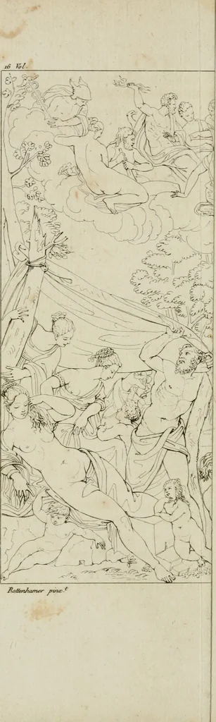 An illustration from Annales du musée et de l'école moderne des beaux-arts : recueil de gravures au trait, d'après les principaux ouvrages de peinture, sculpture, ou projets d'architecture, qui, chaque année, ont remporté le prix, soit aux écoles spéciales, soit aux concours nationaux : les productions des artistes en tous genres, qui, aux différentes expositions, ont été citées avec éloges : les morceaux les plus estimés ou inédits de la galerie de peinture : la suite complète de celle des antiques : édifices anciens et modernes, etc., 1800, leaf 41