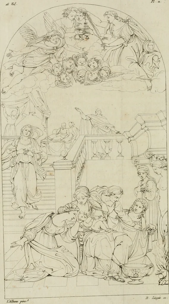 An illustration from Annales du musée et de l'école moderne des beaux-arts : recueil de gravures au trait, d'après les principaux ouvrages de peinture, sculpture, ou projets d'architecture, qui, chaque année, ont remporté le prix, soit aux écoles spéciales, soit aux concours nationaux : les productions des artistes en tous genres, qui, aux différentes expositions, ont été citées avec éloges : les morceaux les plus estimés ou inédits de la galerie de peinture : la suite complète de celle des antiques : édifices anciens et modernes, etc., 1800, leaf 45