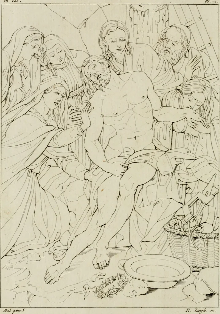 An illustration from Annales du musée et de l'école moderne des beaux-arts : recueil de gravures au trait, d'après les principaux ouvrages de peinture, sculpture, ou projets d'architecture, qui, chaque année, ont remporté le prix, soit aux écoles spéciales, soit aux concours nationaux : les productions des artistes en tous genres, qui, aux différentes expositions, ont été citées avec éloges : les morceaux les plus estimés ou inédits de la galerie de peinture : la suite complète de celle des antiques : édifices anciens et modernes, etc., 1800, leaf 49