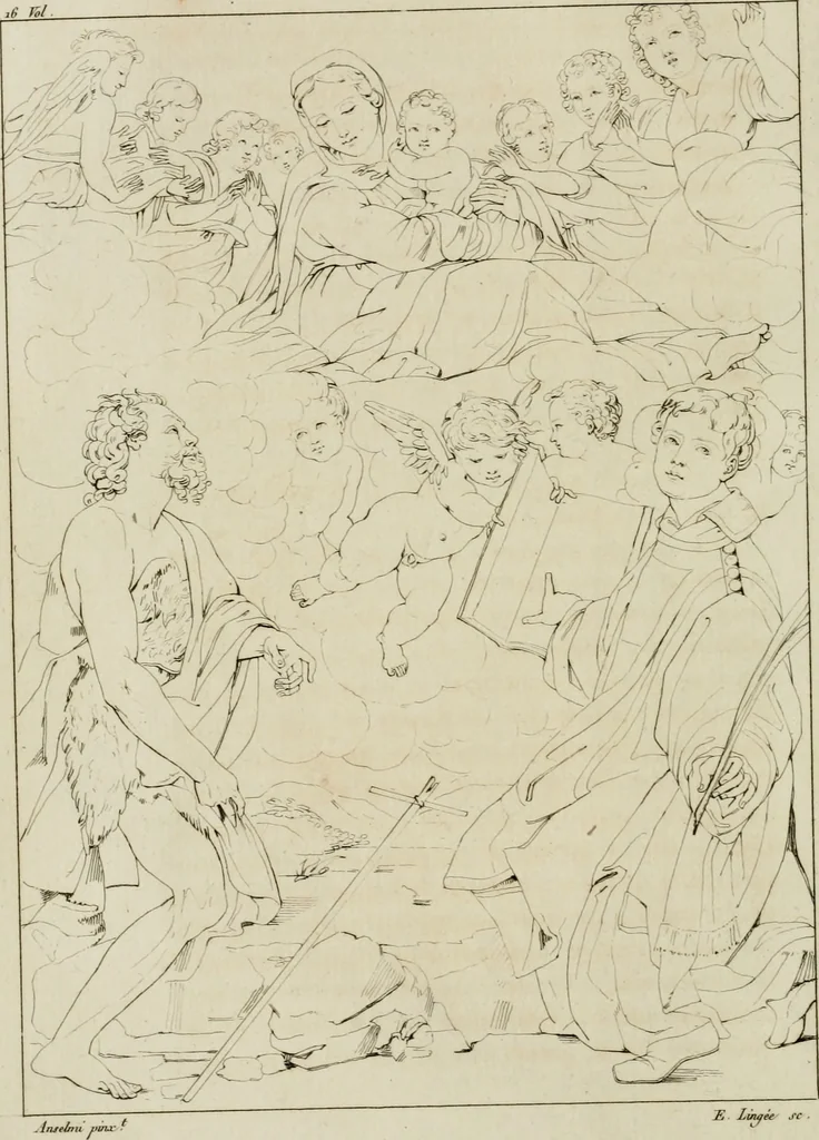 An illustration from Annales du musée et de l'école moderne des beaux-arts : recueil de gravures au trait, d'après les principaux ouvrages de peinture, sculpture, ou projets d'architecture, qui, chaque année, ont remporté le prix, soit aux écoles spéciales, soit aux concours nationaux : les productions des artistes en tous genres, qui, aux différentes expositions, ont été citées avec éloges : les morceaux les plus estimés ou inédits de la galerie de peinture : la suite complète de celle des antiques : édifices anciens et modernes, etc., 1800, leaf 53