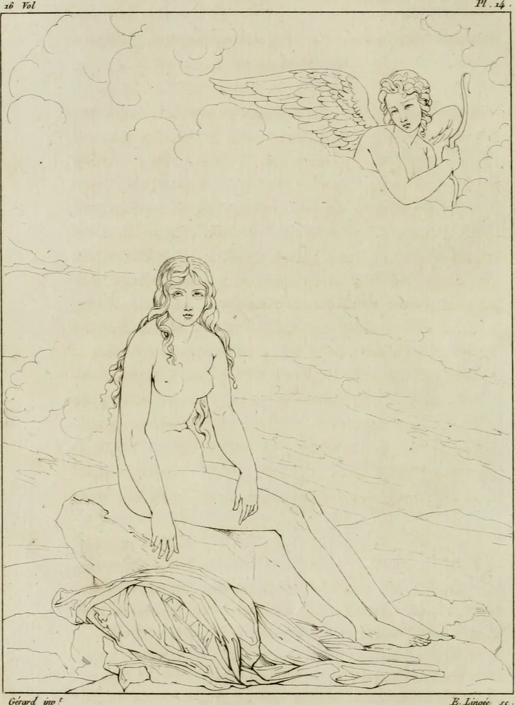 An illustration from Annales du musée et de l'école moderne des beaux-arts : recueil de gravures au trait, d'après les principaux ouvrages de peinture, sculpture, ou projets d'architecture, qui, chaque année, ont remporté le prix, soit aux écoles spéciales, soit aux concours nationaux : les productions des artistes en tous genres, qui, aux différentes expositions, ont été citées avec éloges : les morceaux les plus estimés ou inédits de la galerie de peinture : la suite complète de celle des antiques : édifices anciens et modernes, etc., 1800, leaf 57
