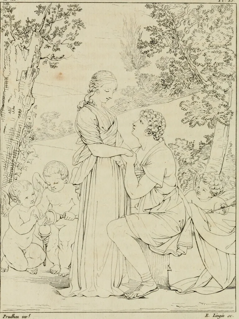 An illustration from Annales du musée et de l'école moderne des beaux-arts : recueil de gravures au trait, d'après les principaux ouvrages de peinture, sculpture, ou projets d'architecture, qui, chaque année, ont remporté le prix, soit aux écoles spéciales, soit aux concours nationaux : les productions des artistes en tous genres, qui, aux différentes expositions, ont été citées avec éloges : les morceaux les plus estimés ou inédits de la galerie de peinture : la suite complète de celle des antiques : édifices anciens et modernes, etc., 1800, leaf 61