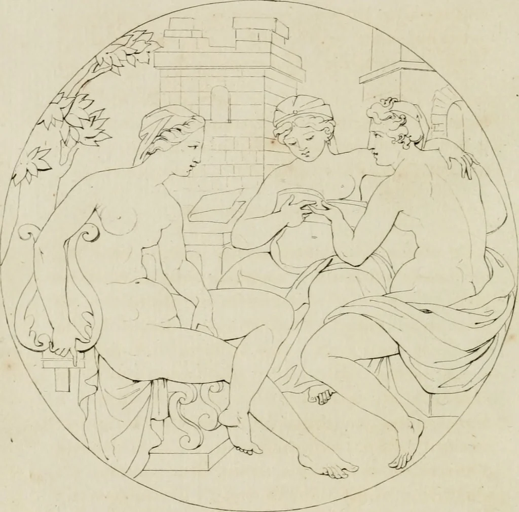 An illustration from Annales du musée et de l'école moderne des beaux-arts : recueil de gravures au trait, d'après les principaux ouvrages de peinture, sculpture, ou projets d'architecture, qui, chaque année, ont remporté le prix, soit aux écoles spéciales, soit aux concours nationaux : les productions des artistes en tous genres, qui, aux différentes expositions, ont été citées avec éloges : les morceaux les plus estimés ou inédits de la galerie de peinture : la suite complète de celle des antiques : édifices anciens et modernes, etc., 1800, leaf 65