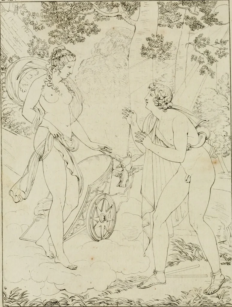 An illustration from Annales du musée et de l'école moderne des beaux-arts : recueil de gravures au trait, d'après les principaux ouvrages de peinture, sculpture, ou projets d'architecture, qui, chaque année, ont remporté le prix, soit aux écoles spéciales, soit aux concours nationaux : les productions des artistes en tous genres, qui, aux différentes expositions, ont été citées avec éloges : les morceaux les plus estimés ou inédits de la galerie de peinture : la suite complète de celle des antiques : édifices anciens et modernes, etc., 1800, leaf 69